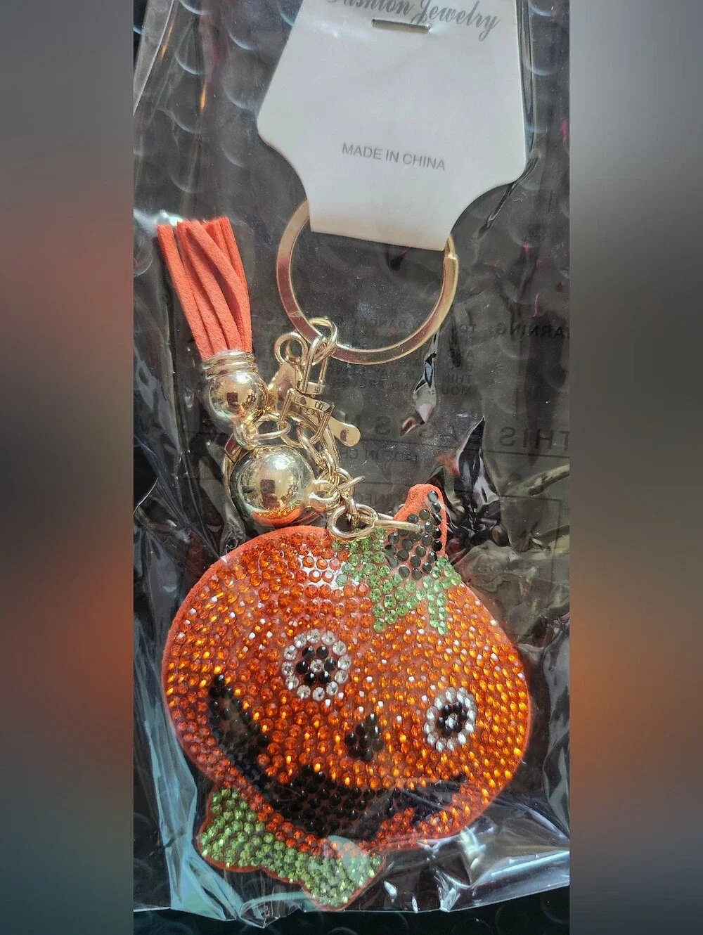 Orange Pumpkin Crystal Bagcharm Keychain with Tassel